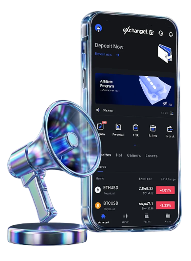 eXchange1 affiliate program on a phone with a chrome megaphone