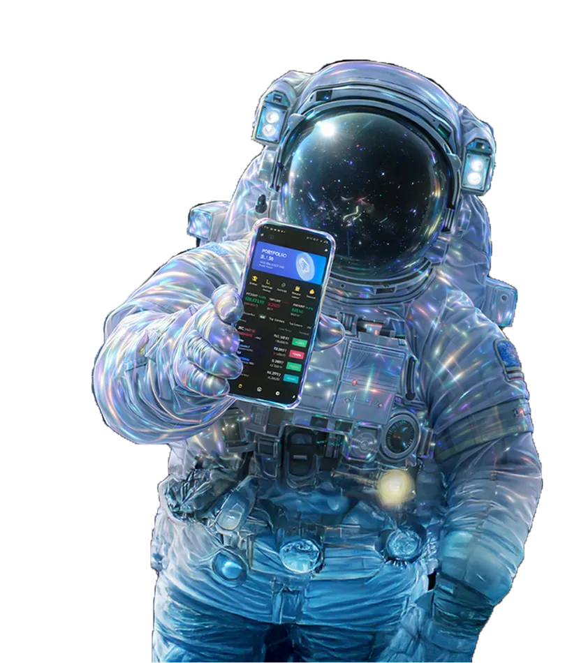 Astronaut holding a phone with the eXchange1 trading app