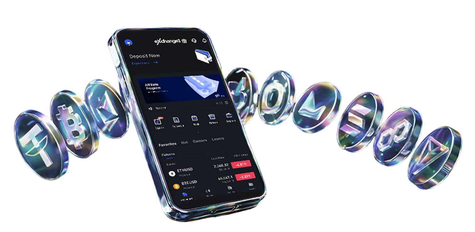 eXchange1 trading app on a phone surrounded by an arc of glass crypto coins
